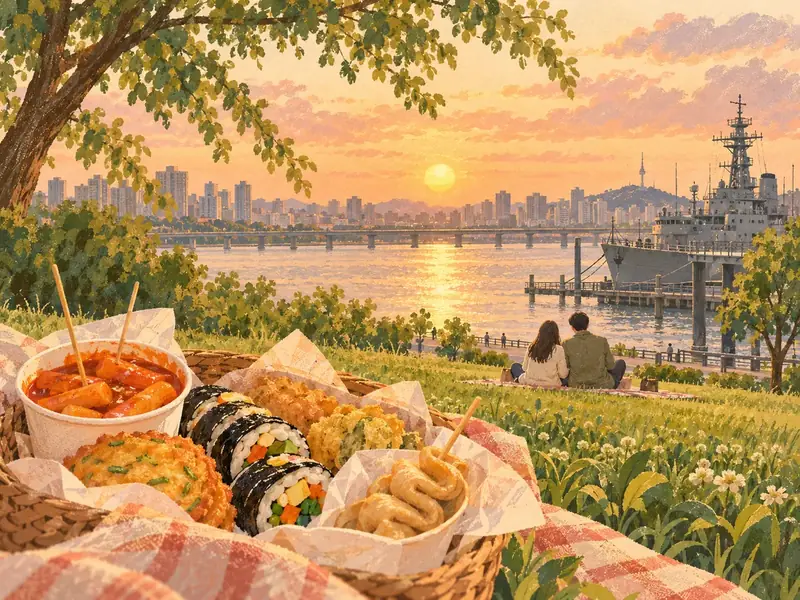 망원시장 먹거리와 한강 노을, 강변의 전시 군함